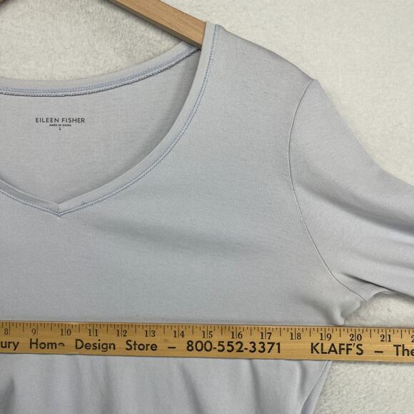 EILEEN FISHER Top L Organic Cotton Ribbed Jersey V-Neck Elbow Sleeve Light Blue - Picture 11 of 13